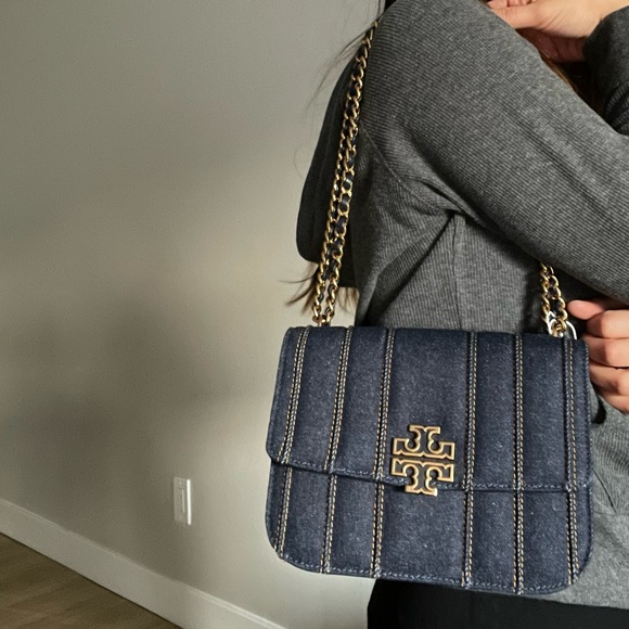 New, Tory Burch Britten denim small adjustable shoulder bag navy - Picture 13 of 14